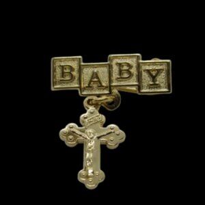 Gold Filled Baby Pin with Gold Fulled Crucifix Charm